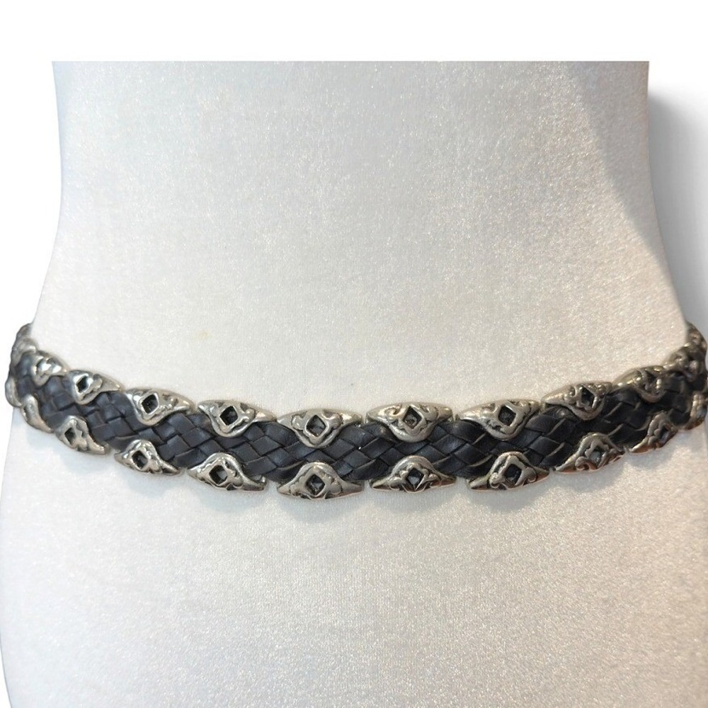 Capezio Belt Womens S M Black Braided Leather Silver Western Boho Statement Vtg